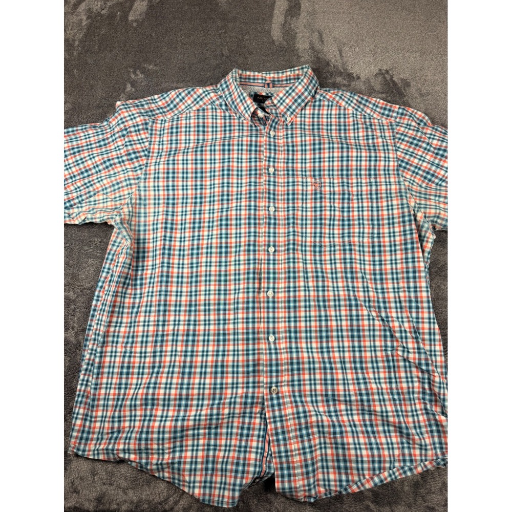 Ariat Pro Series Mens XXL Short Sleeve Button Down Plaid Blue Orange Shirt